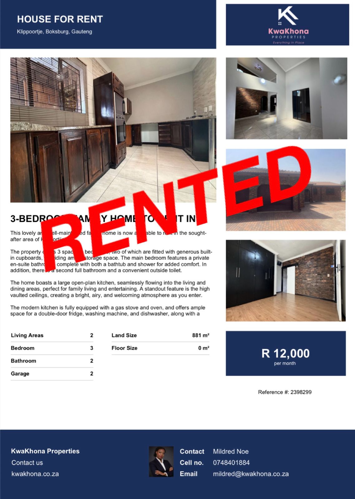 3-Bedroom Family Home in Klippoortjie, Boksburg — rented by Mildred Noe