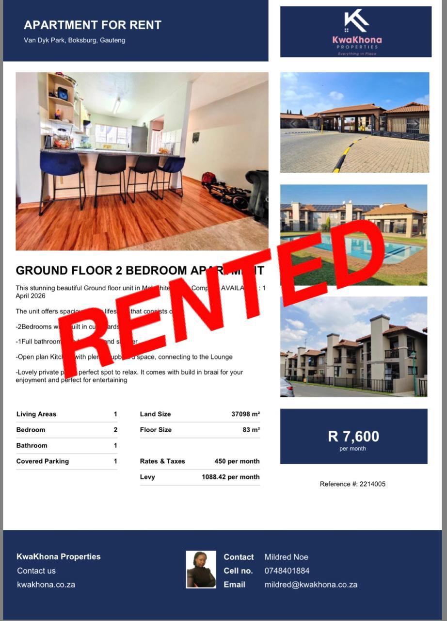 Ground Floor 2-Bedroom Apartment in Van Dyk Park, Boksburg — rented by Mildred Noe
