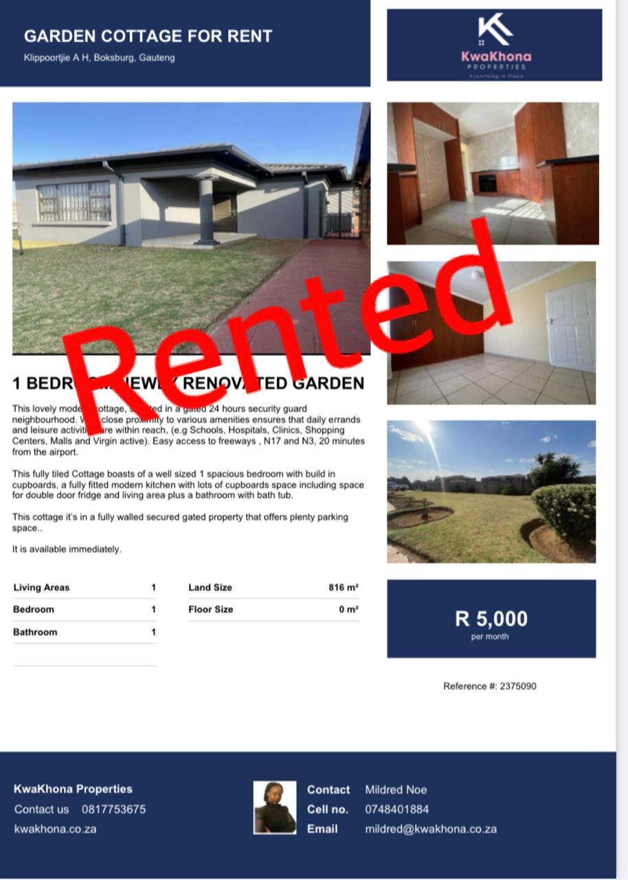 Newly Renovated 1-Bedroom Garden Cottage in Klippoortjie A H, Boksburg — rented by Mildred Noe