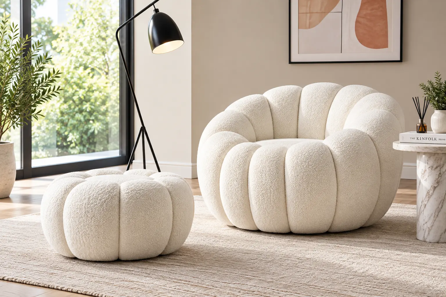 White Bouclé Lounge Chair & Ottoman Set