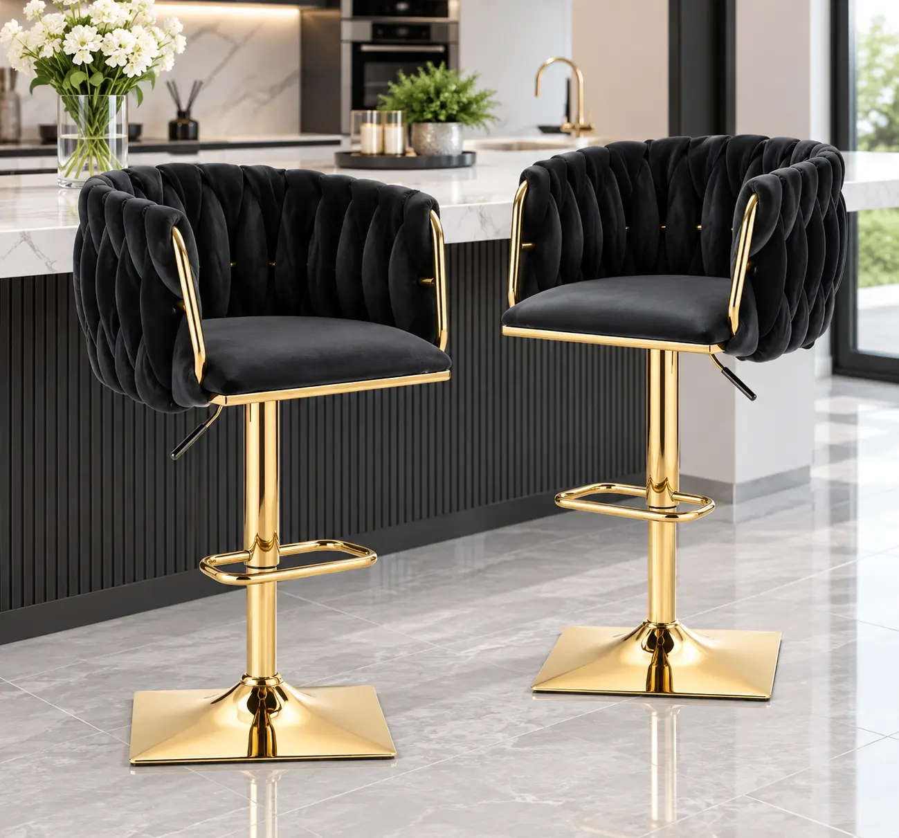 Woven Velvet & Gold Bar Stool