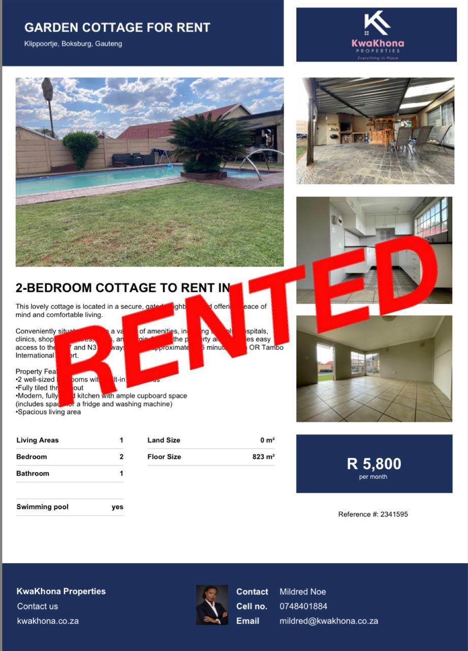 2-Bedroom Garden Cottage in Klippoortje, Boksburg — rented by Mildred Noe