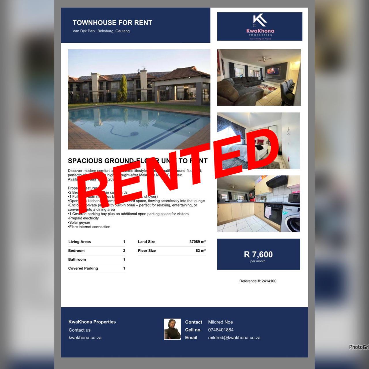 Spacious Ground-Floor Townhouse in Van Dyk Park, Boksburg — rented by Mildred Noe
