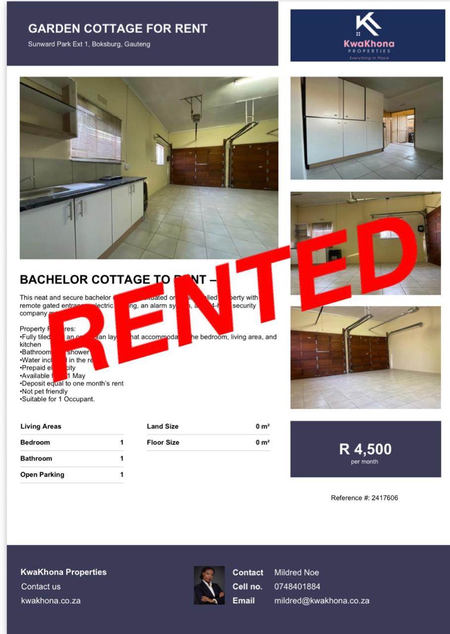 Bachelor Garden Cottage in Sunward Park Ext 1, Boksburg — rented by Mildred Noe