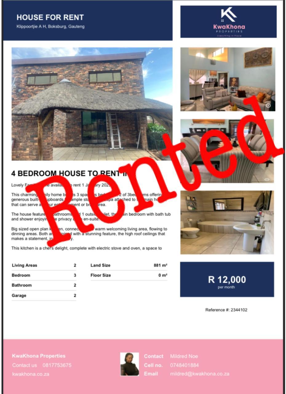 4-Bedroom Family House in Klippoortjie A H, Boksburg — rented by Mildred Noe