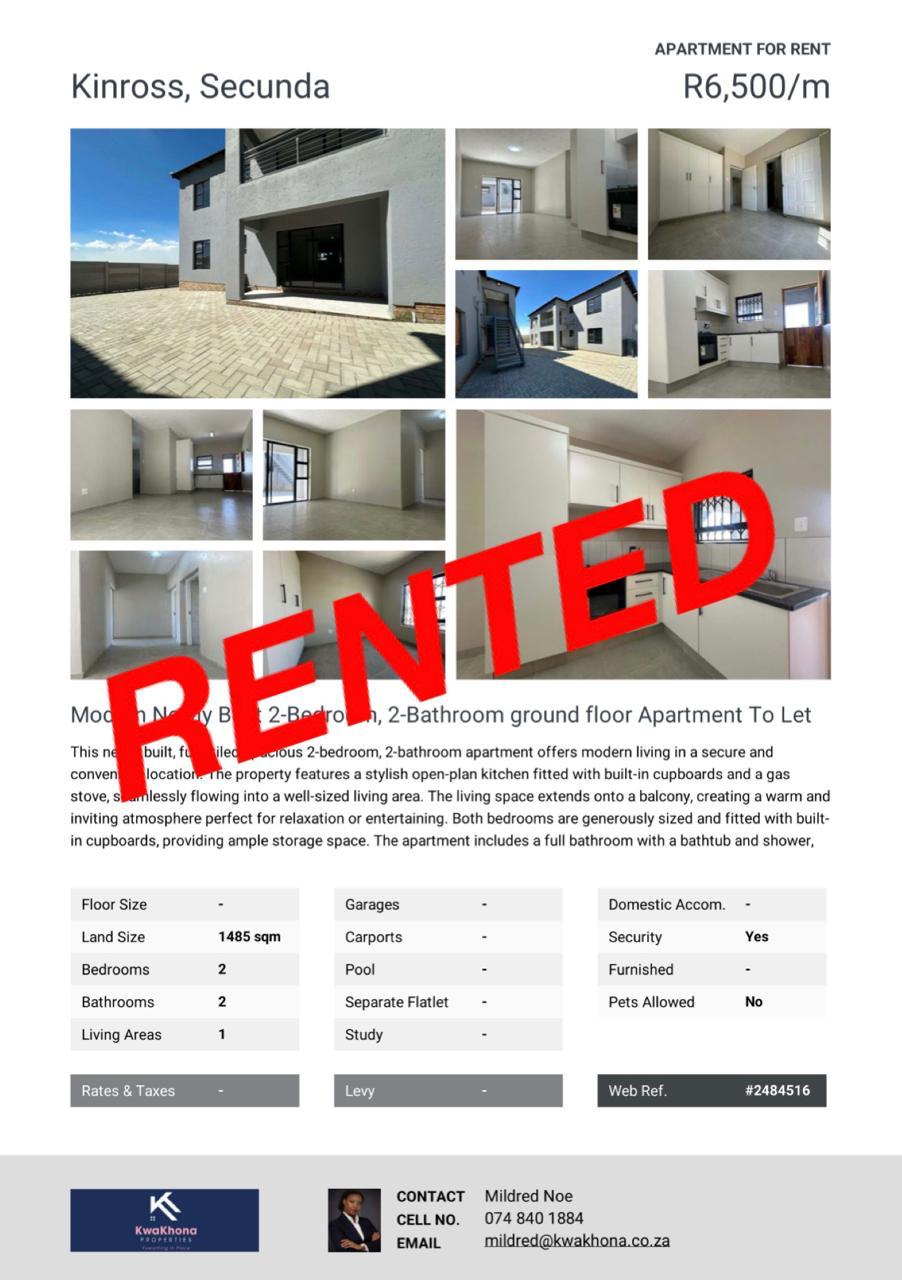 Newly Built 2-Bedroom Ground Floor Apartment in Kinross, Secunda — rented by Mildred Noe