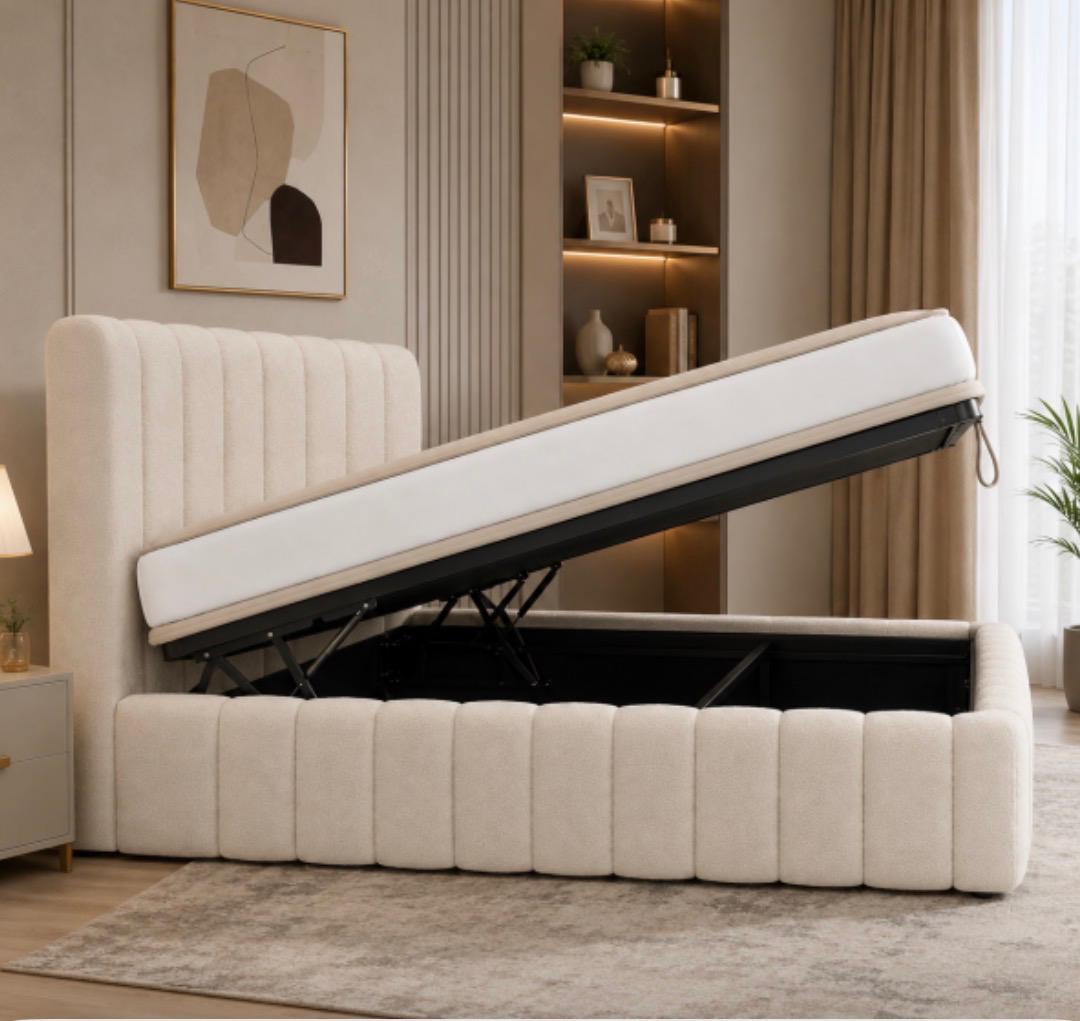 Channel-Tufted Lift-Up Storage Bed — Cream