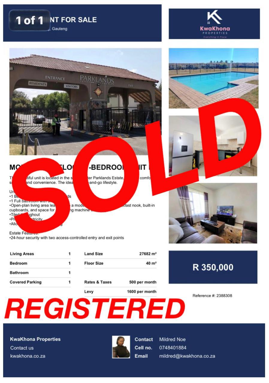 Modern 1st Floor 1-Bedroom Unit in Parklands Estate, Boksburg — sold by Mildred Noe