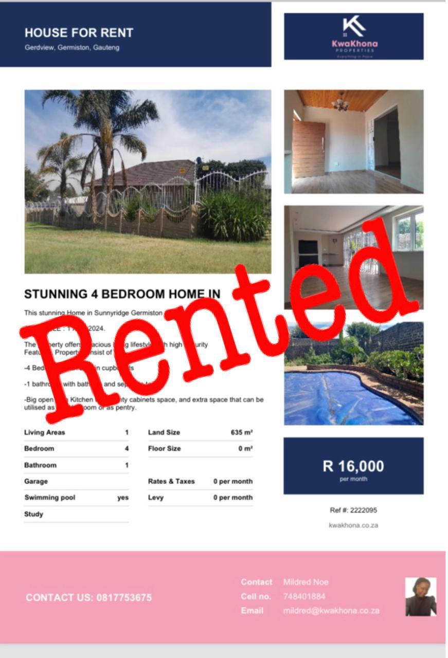Stunning 4-Bedroom Home with Pool in Gerdview, Germiston — rented by Mildred Noe