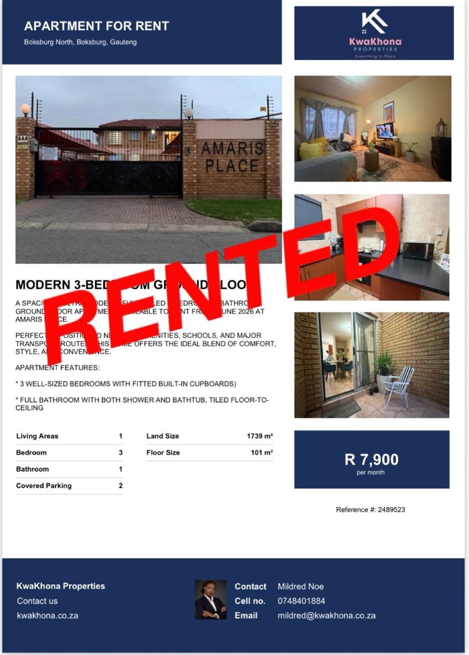 Modern 3-Bedroom Ground Floor Apartment in Boksburg North, Boksburg — rented by Mildred Noe