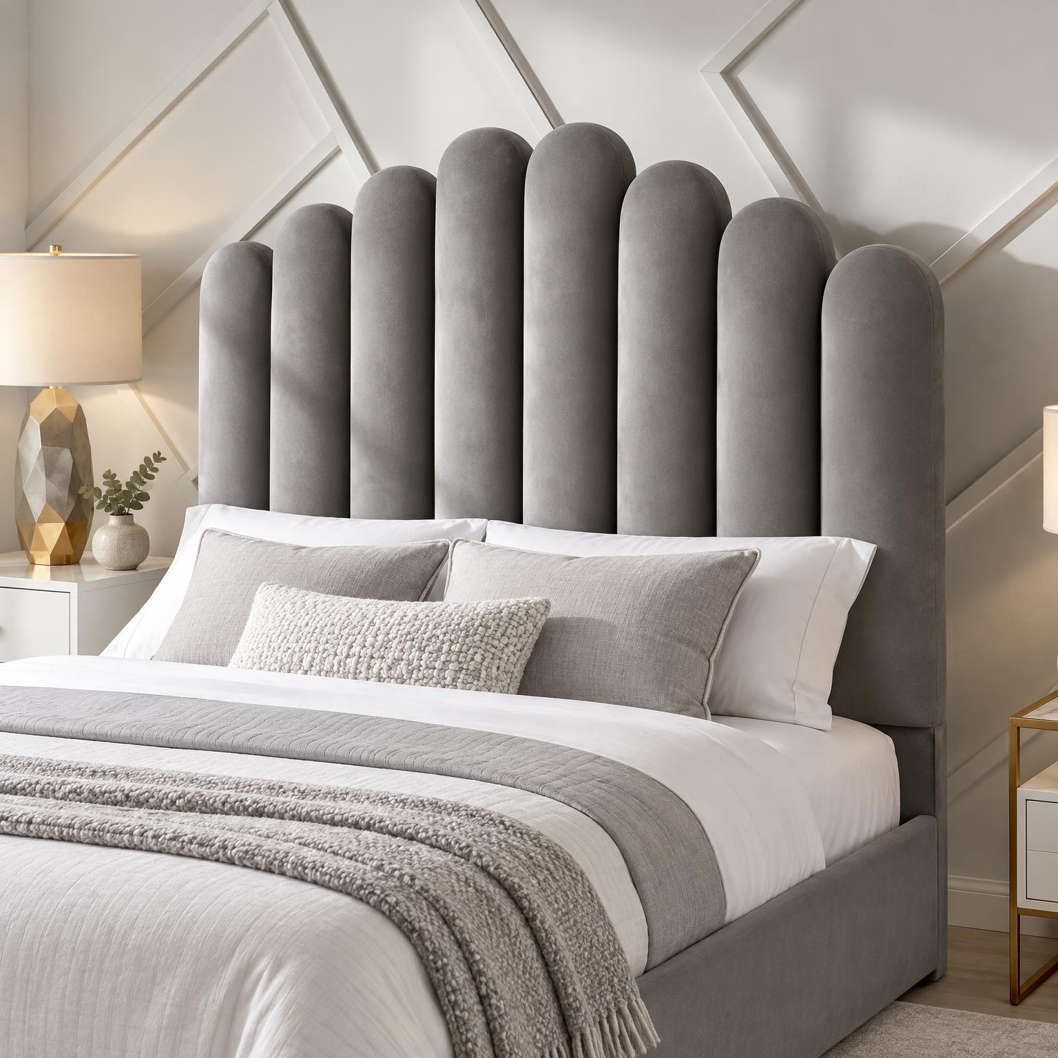 Arched Channel Headboard Bed — Grey