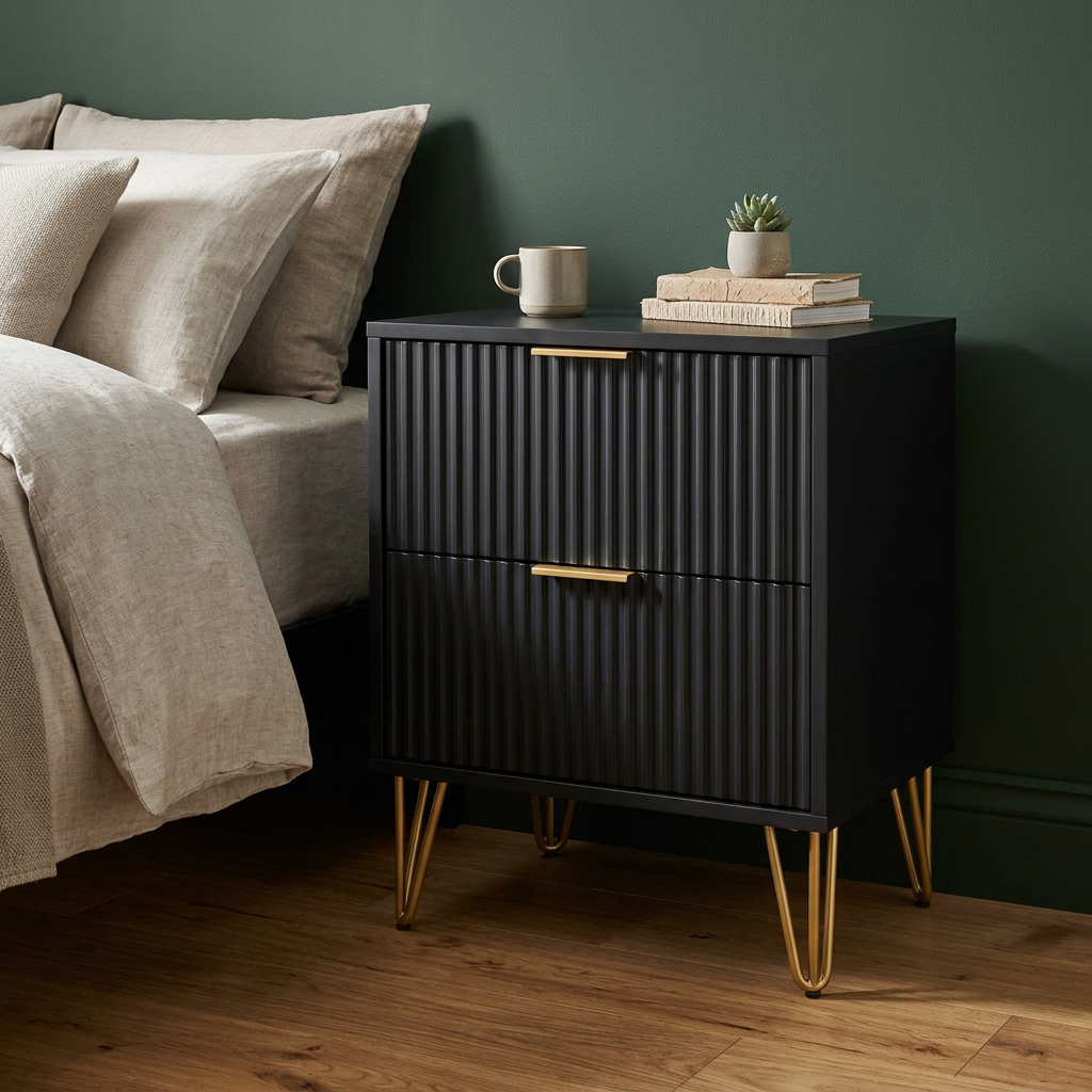 Black Fluted Bedside Cabinet