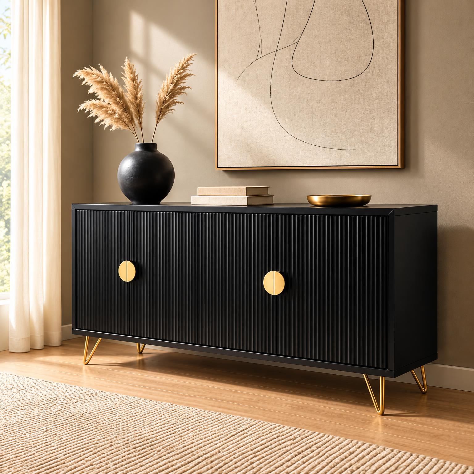 Black Fluted Sideboard — Gold Accents