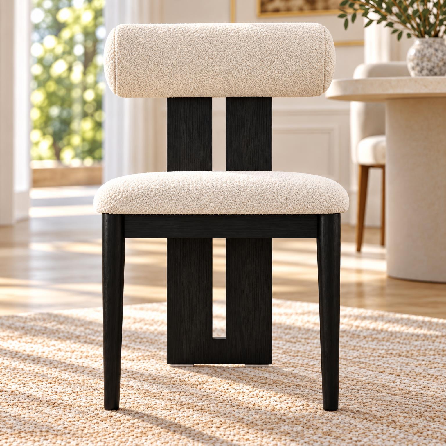 Bouclé-Style Dining Chair — Cream & Black