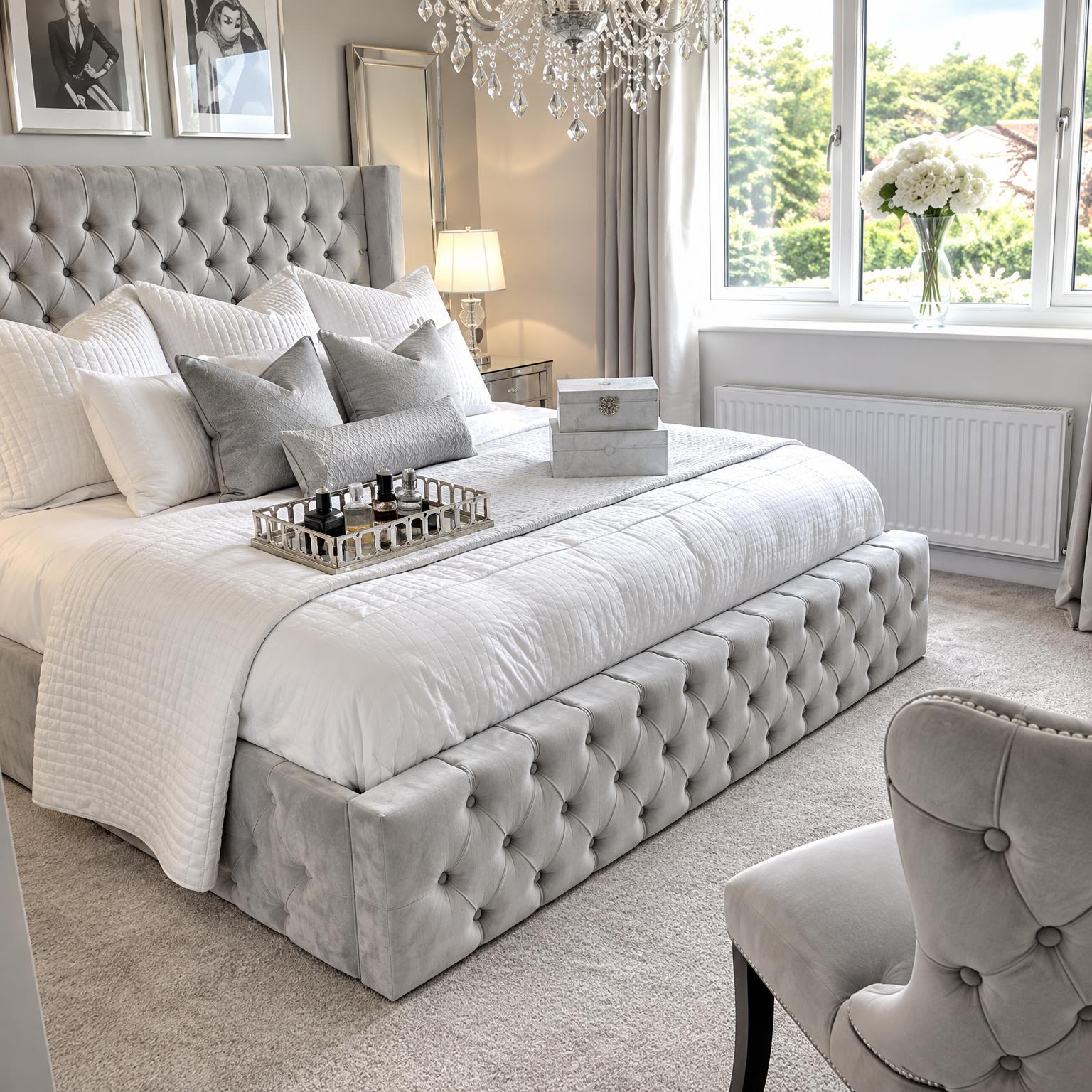 Diamond-Tufted Bed with Tufted Footboard — Silver Grey