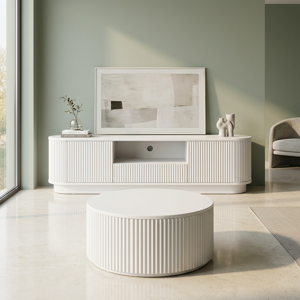 Fluted TV Console & Round Coffee Table Set
