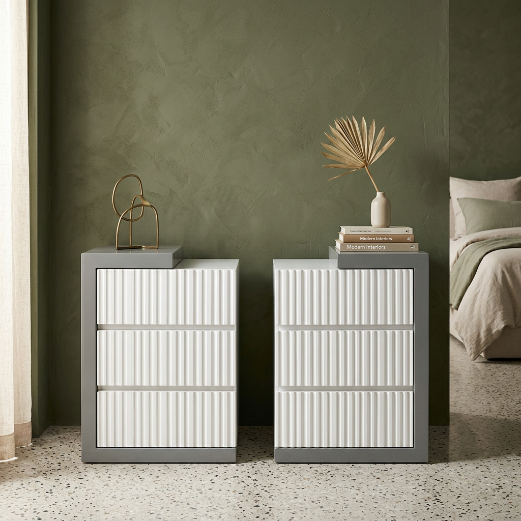 Grey & White Fluted Bedside Pedestal