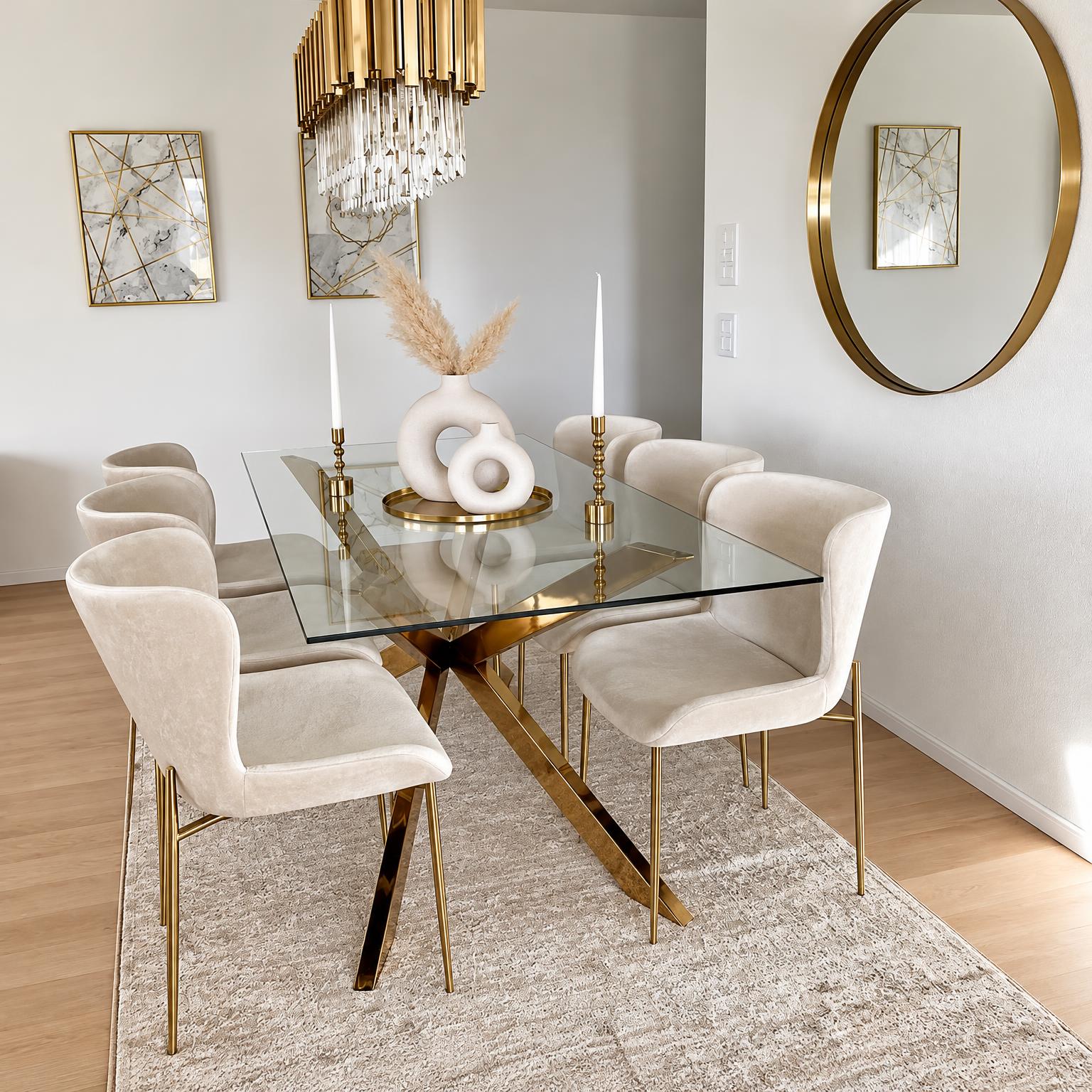 Glass Dining Table with Gold Cross Legs