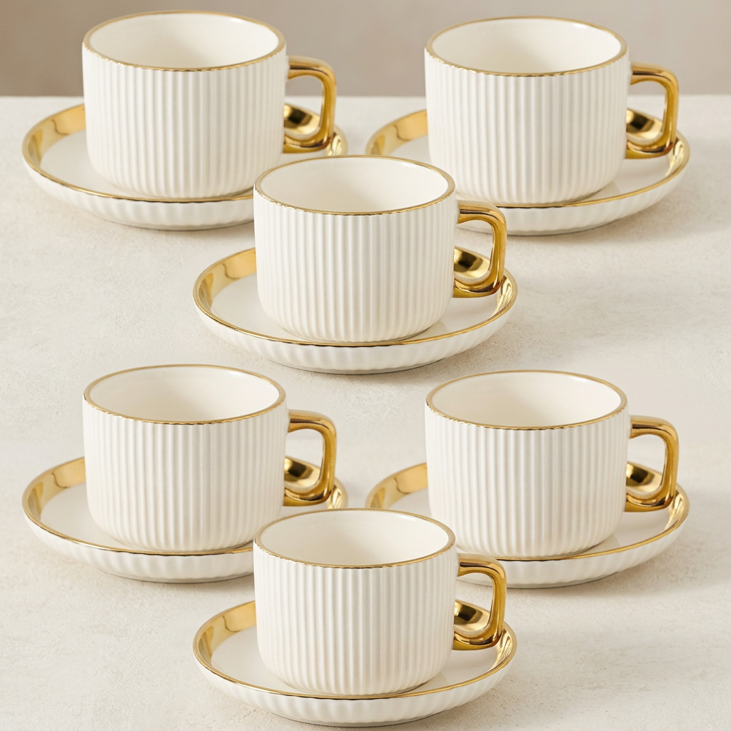 Ribbed Cup & Saucer Set — 12 Pieces