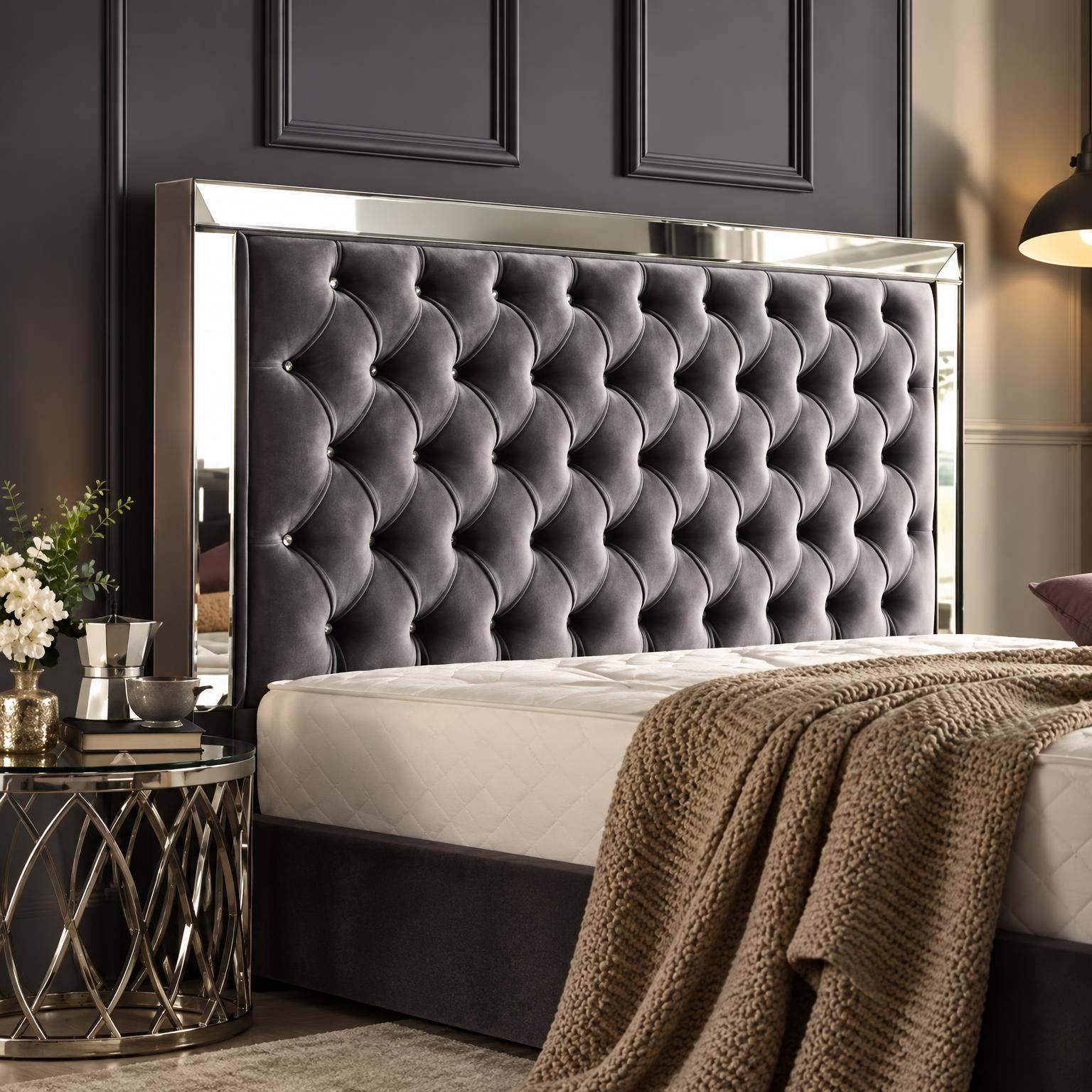 Mirror-Frame Tufted Sleigh Bed — Grey
