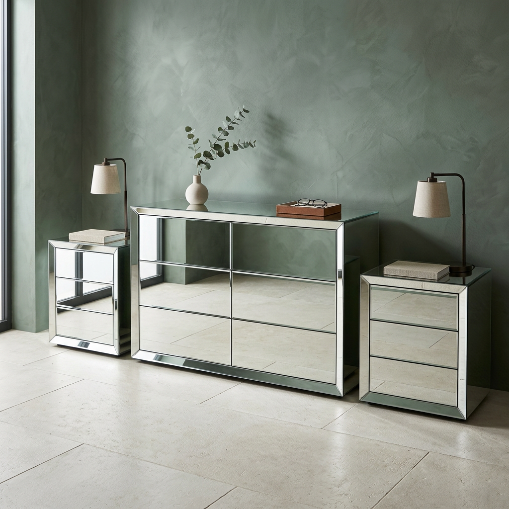 Mirrored Dresser & Pedestal Set