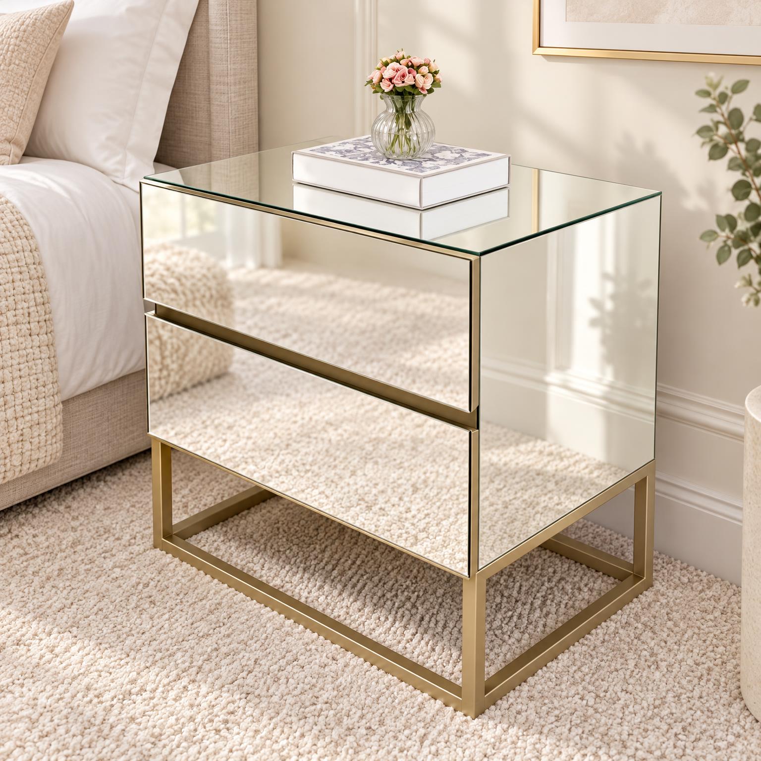 Mirrored Bedside Pedestal — Gold Base