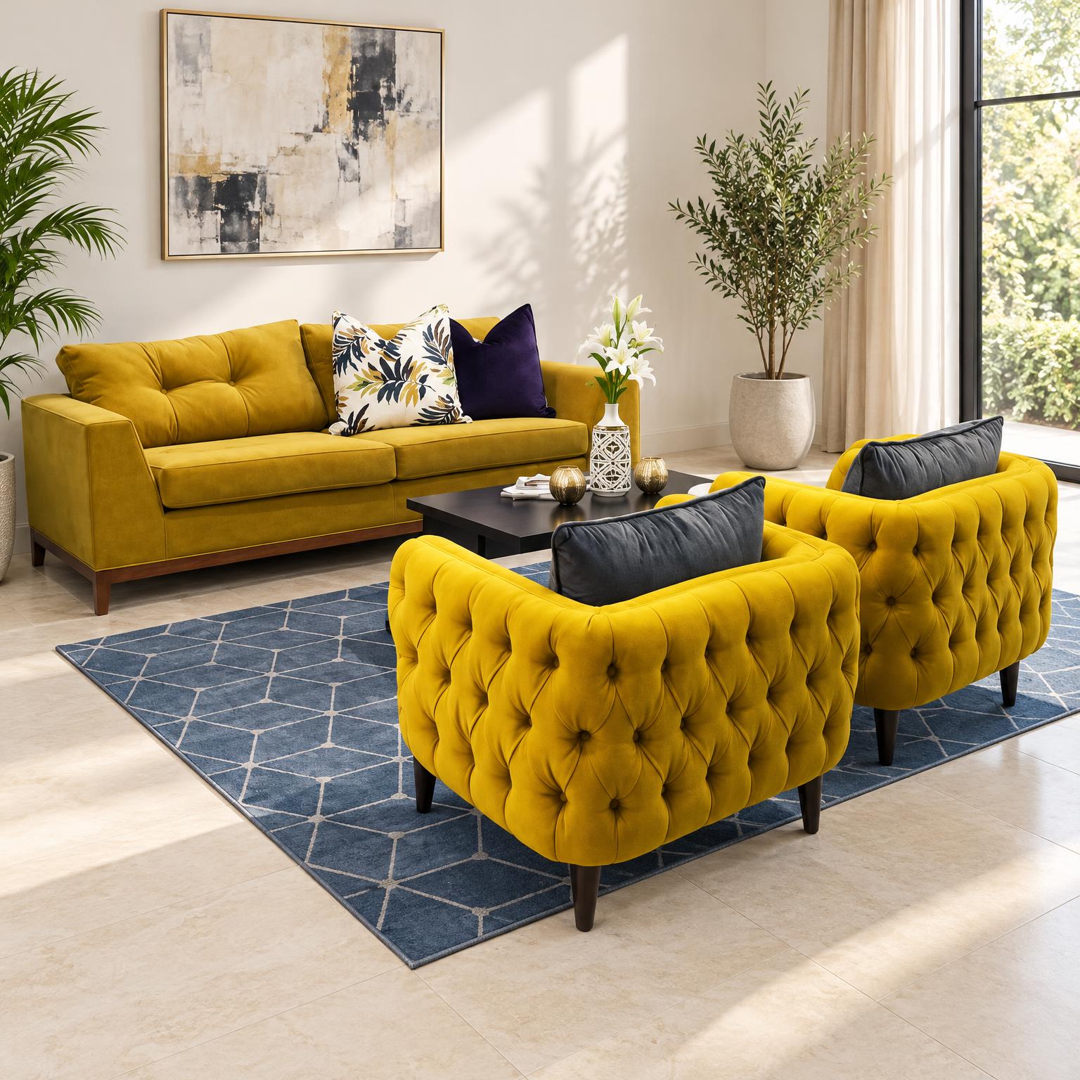 Mustard Velvet Lounge Set — Sofa & Tufted Tub Chairs