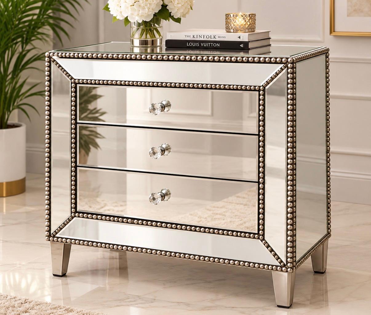 Studded Mirrored Three-Drawer Chest