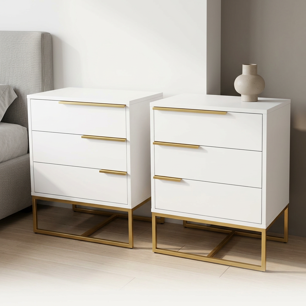 White & Gold Three-Drawer Pedestal