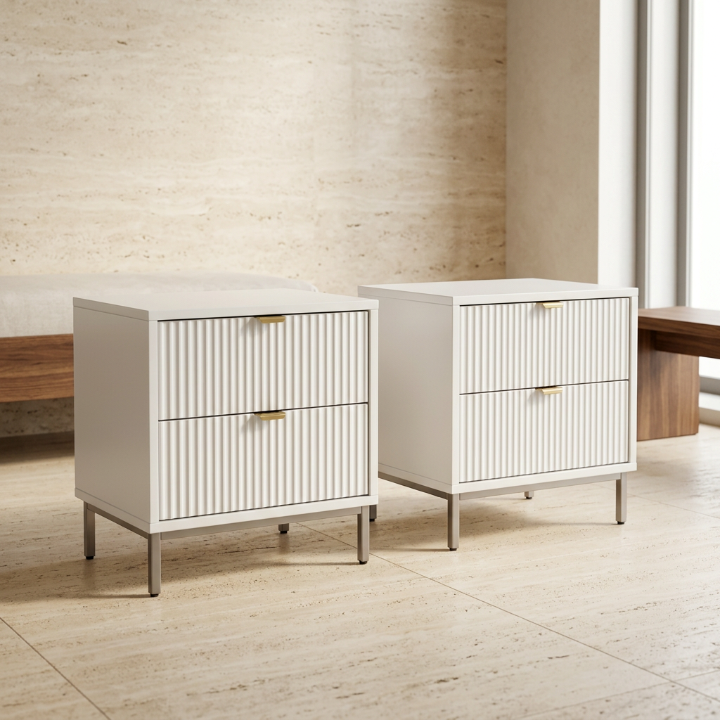 White Ribbed Bedside Pedestals