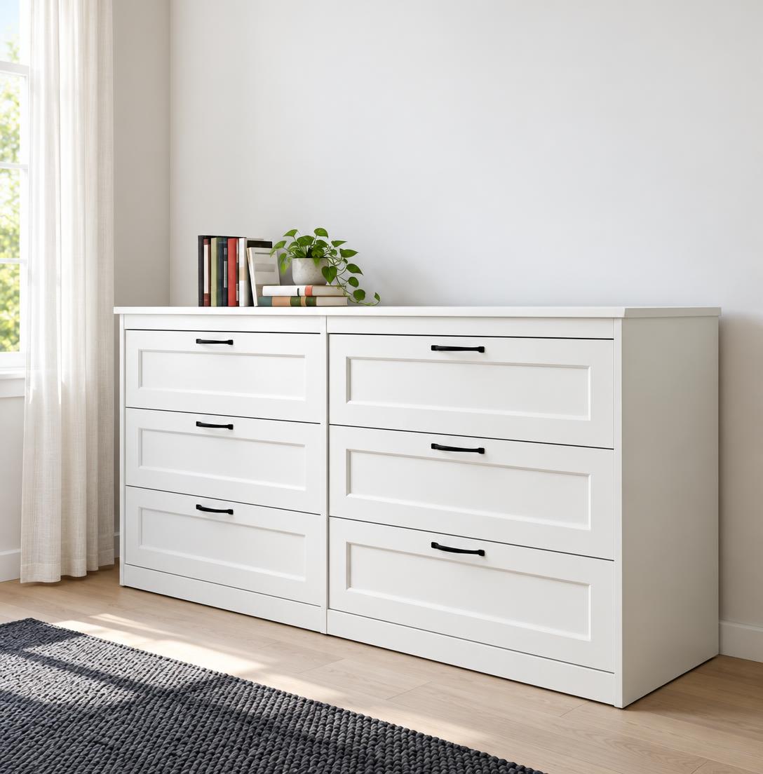 White Shaker Six-Drawer Chest — Black Handles